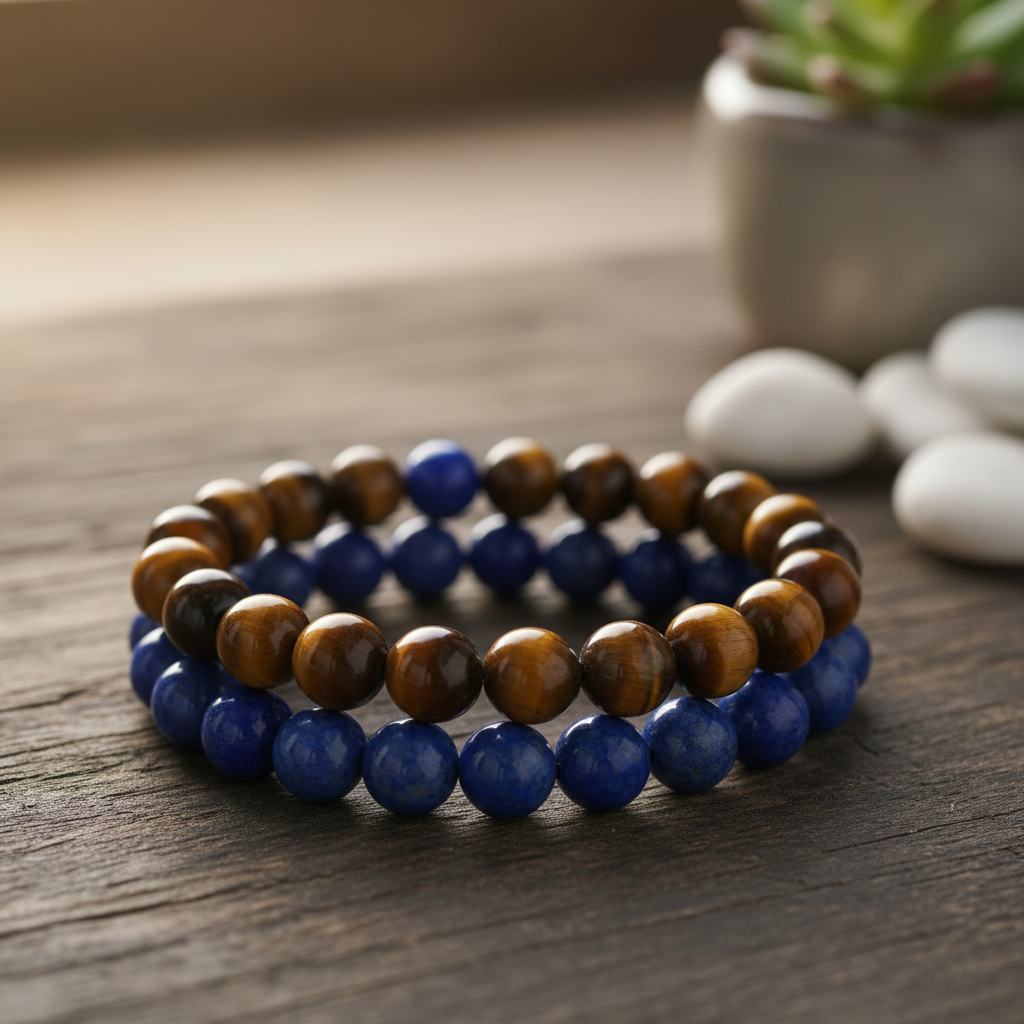 Pulseira com Olho de Tigre e Lápis Lazúli 8mm, contraste entre tons dourados e azul royal