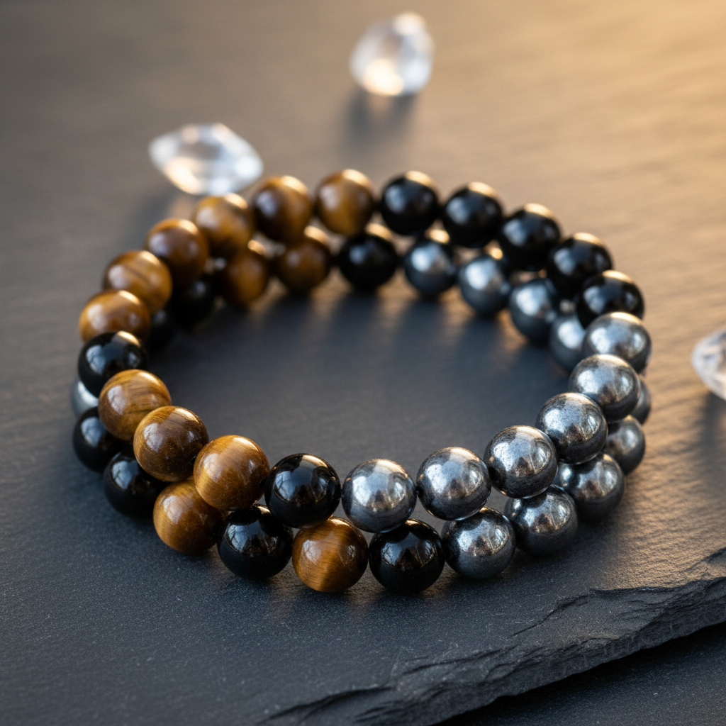 Pulseira tripla proteção com Olho de Tigre, Ónix e Hematite, esferas de 8mm