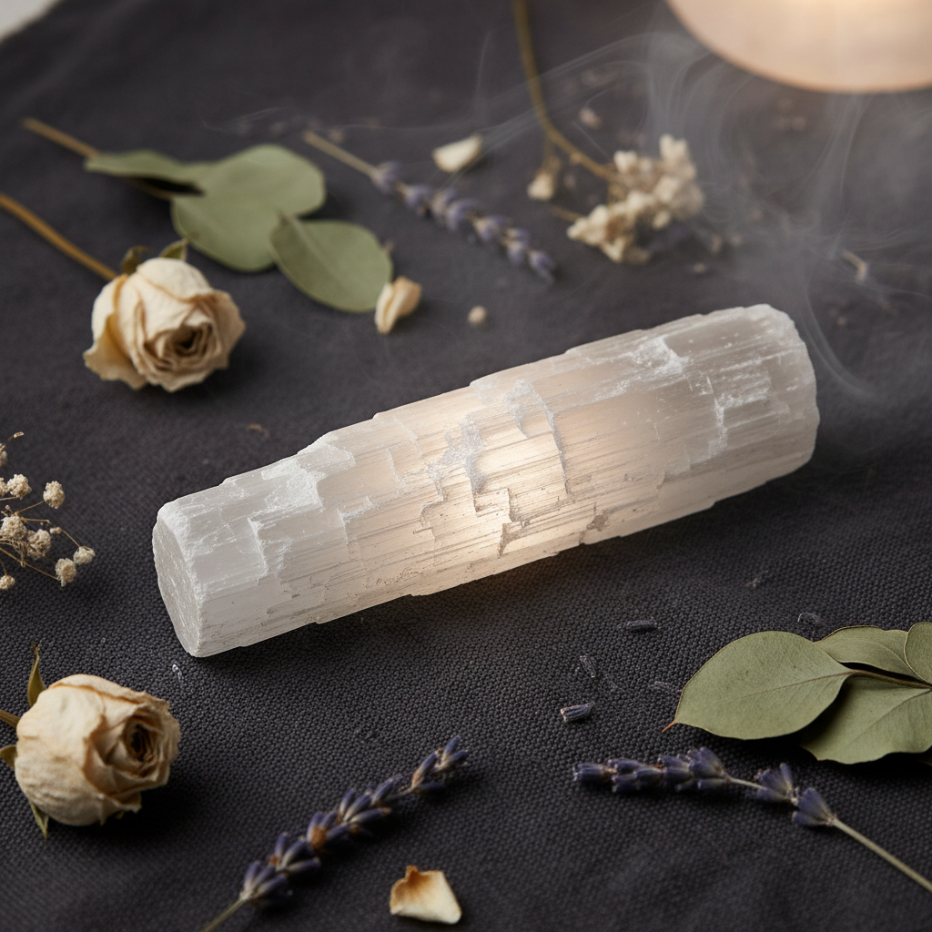 Selenite stick bruto 15cm com brilho translucente sobre pano escuro