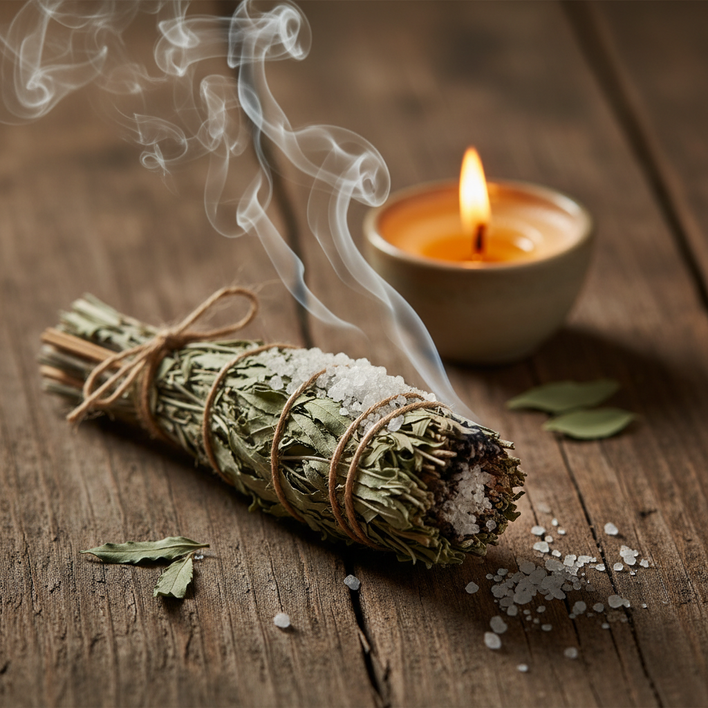 Incenso natural de sal e arruda com fumo suave e luz quente