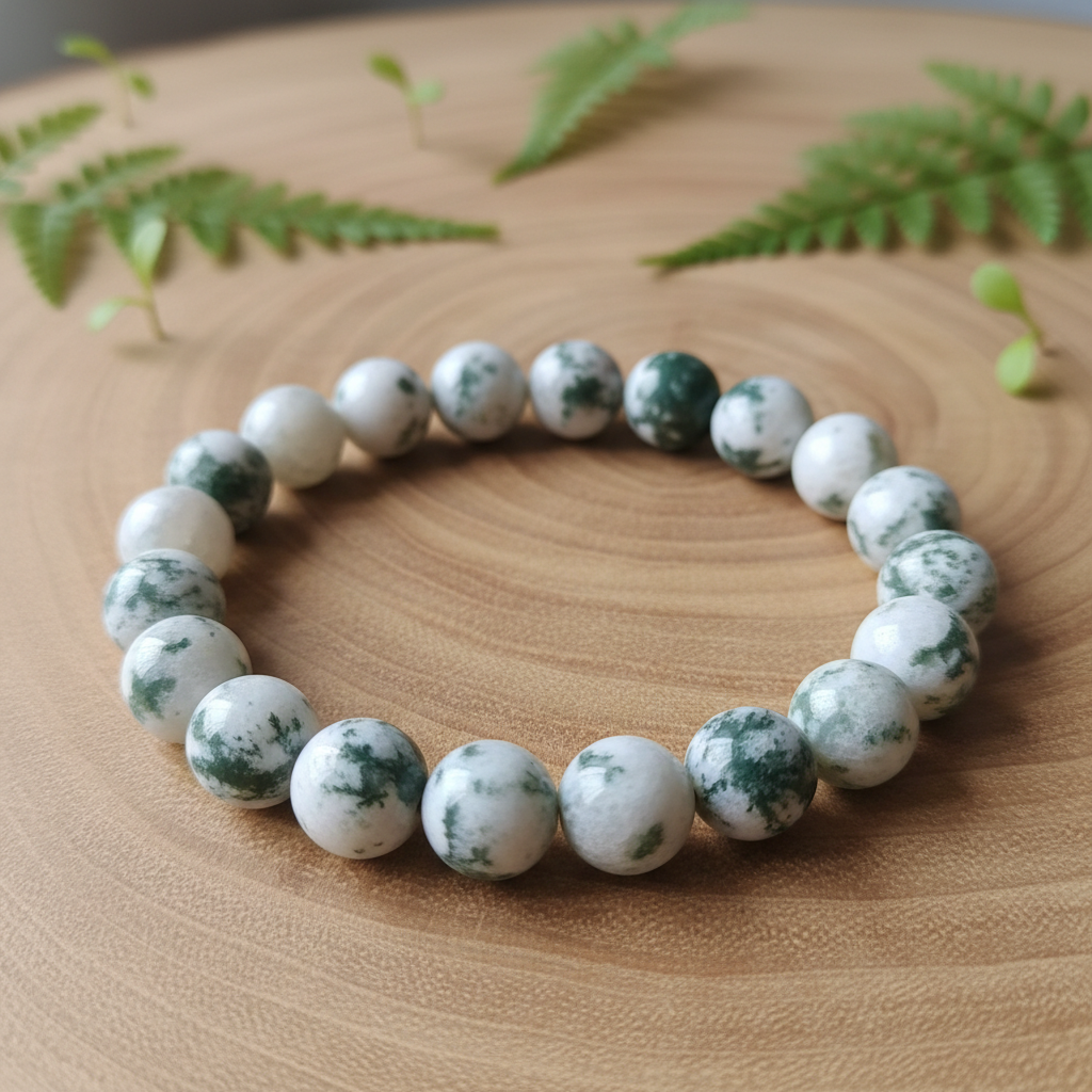 Pulseira de ágata árvore 8mm com padrões dendríticos verdes sobre fundo natural