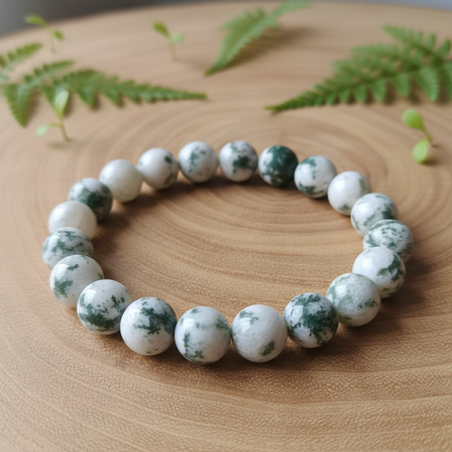 Pulseira de ágata árvore 8mm com padrões dendríticos verdes sobre fundo natural