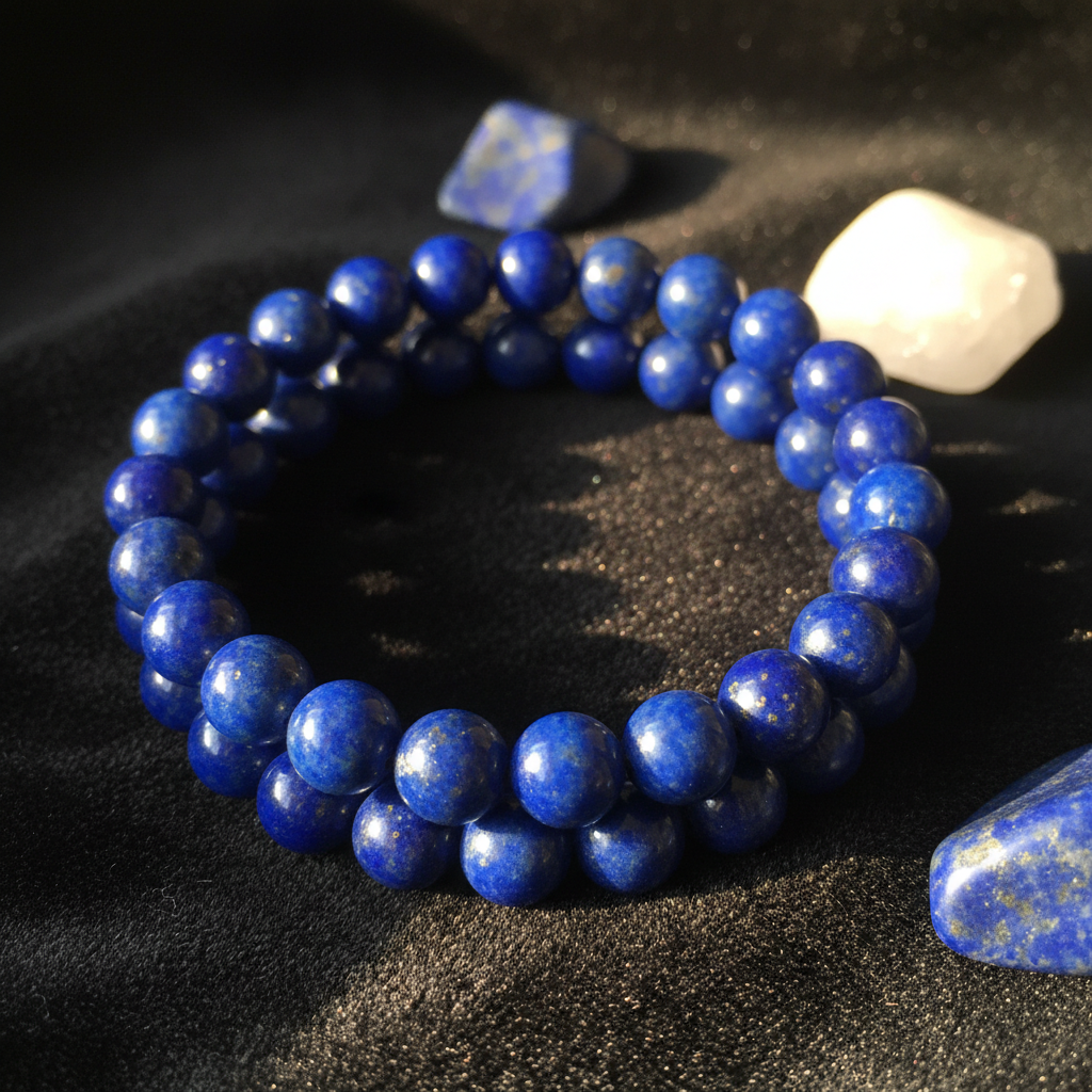 Pulseira de lápis lazúli 8mm com tons azul royal e reflexos dourados de pirite