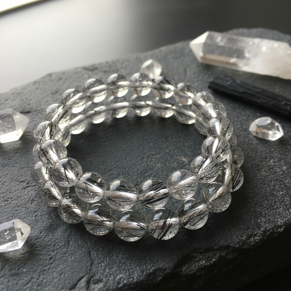 Pulseira de quartzo turmalinado 6mm com inclusões de turmalina negra visíveis