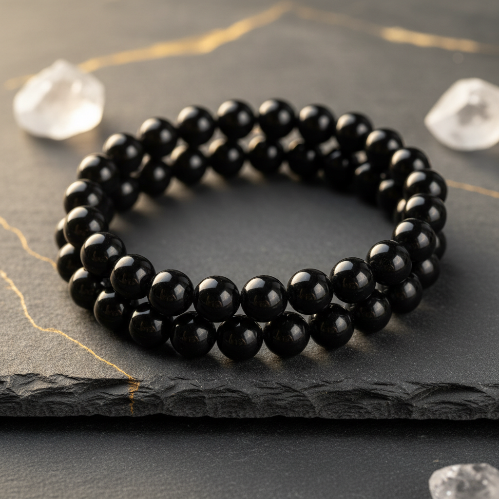 Pulseira de ónix preto com esferas de 8mm, brilho profundo sobre superfície escura