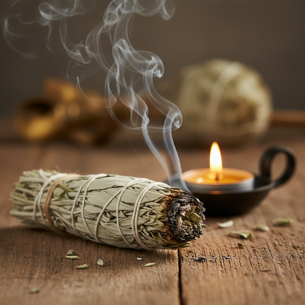 Incenso natural de sálvia branca com fumo suave e luz dourada