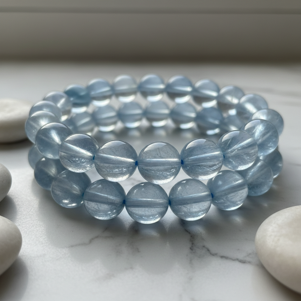 Pulseira de quartzo azul 8mm com tons suaves e translucentes sobre mármore branco