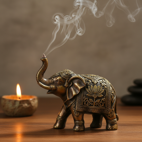 Incensário de metal em forma de elefante com vareta de incenso acesa
